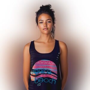 Miami style Venice Beach California black striped tank top size LG semi sheer